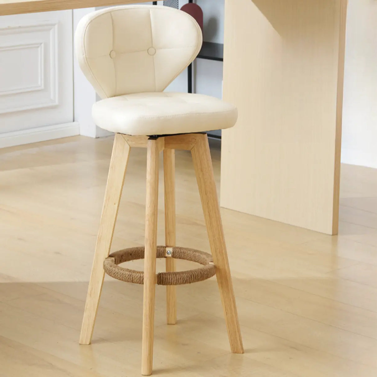 Mid-Century Modern Leather Bar Stool with Wooden Legs Image - 17