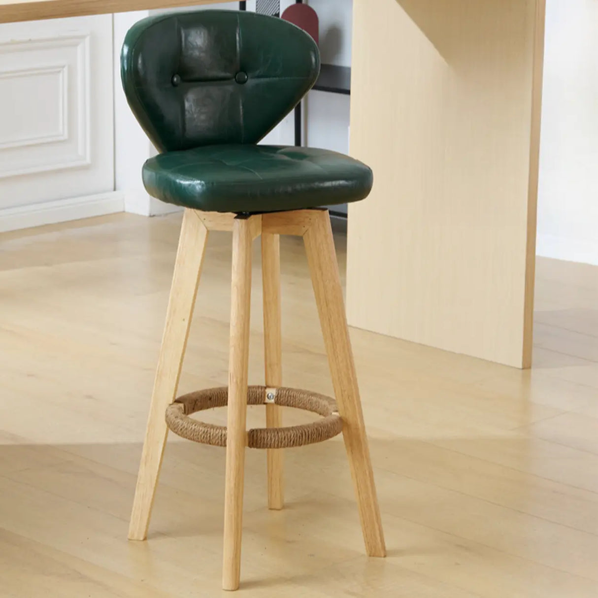 Mid-Century Modern Leather Bar Stool with Wooden Legs Image - 18