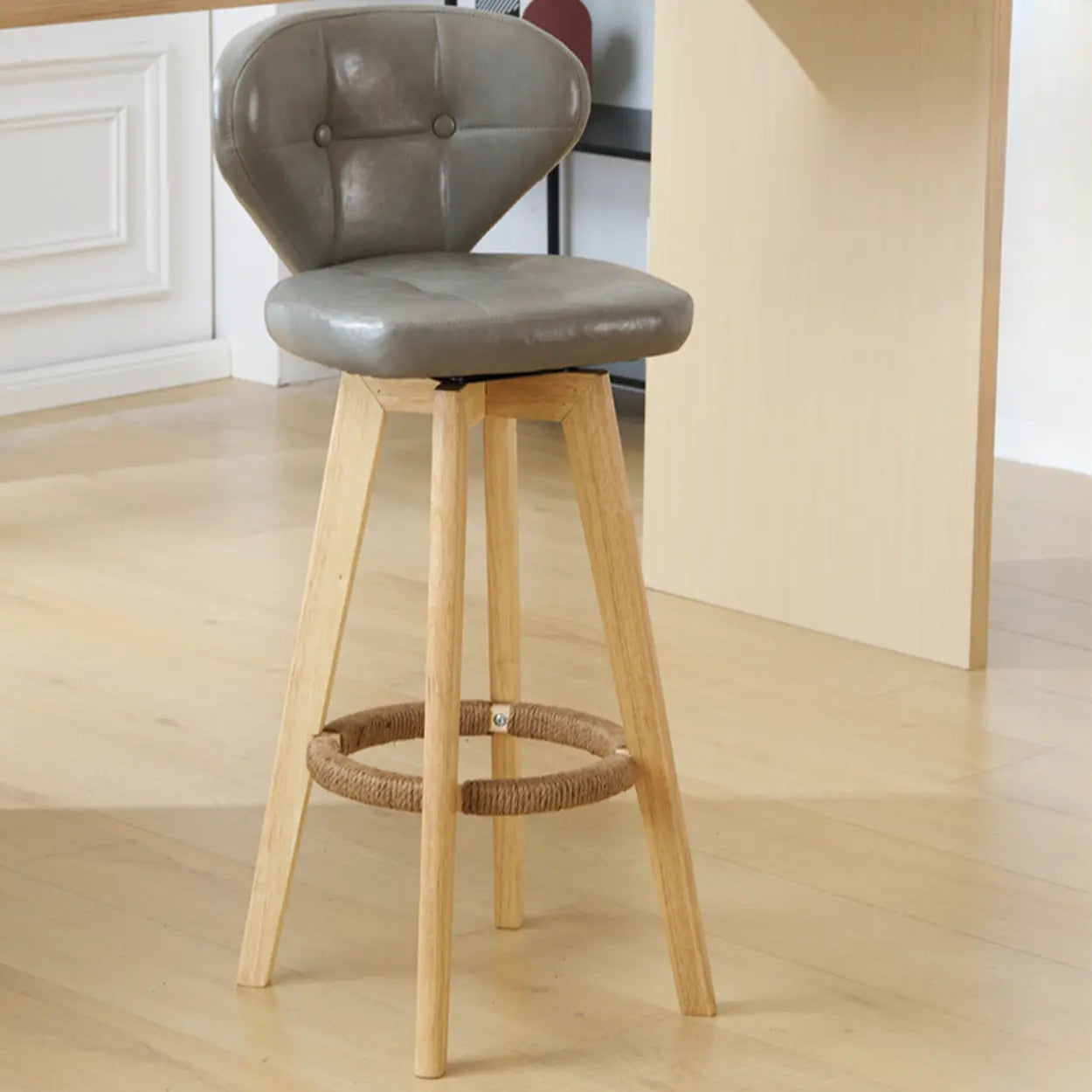 Mid-Century Modern Leather Bar Stool with Wooden Legs Image - 19