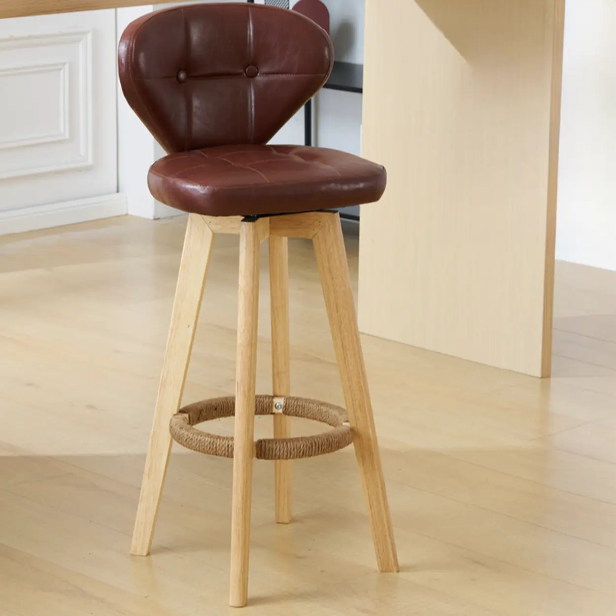 Mid-Century Modern Leather Bar Stool with Wooden Legs Image - 20