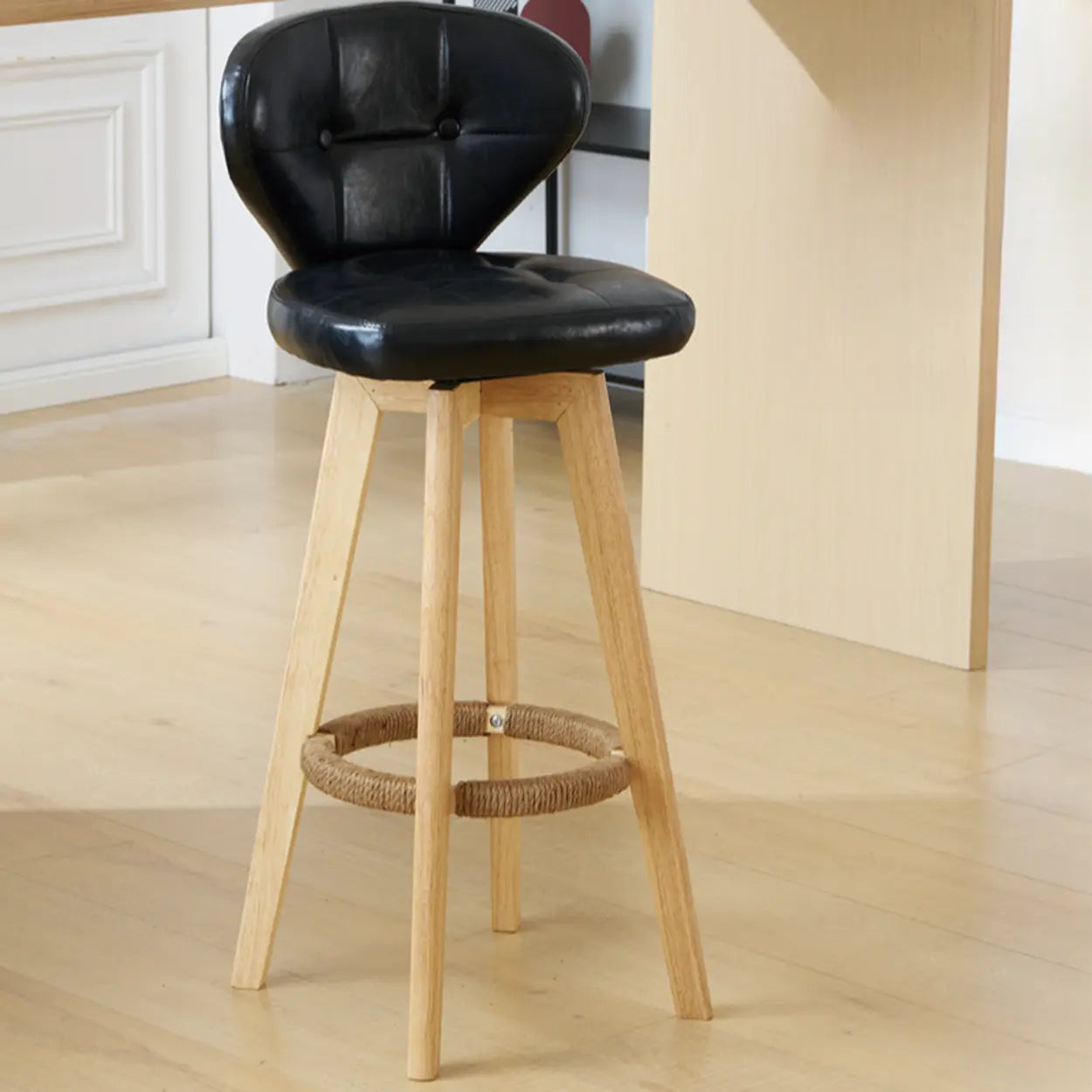 Mid-Century Modern Leather Bar Stool with Wooden Legs Image - 21