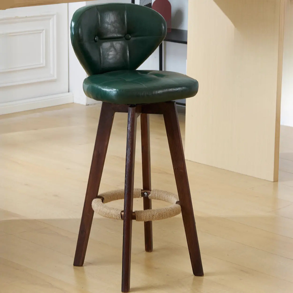 Mid-Century Modern Leather Bar Stool with Wooden Legs Image - 3