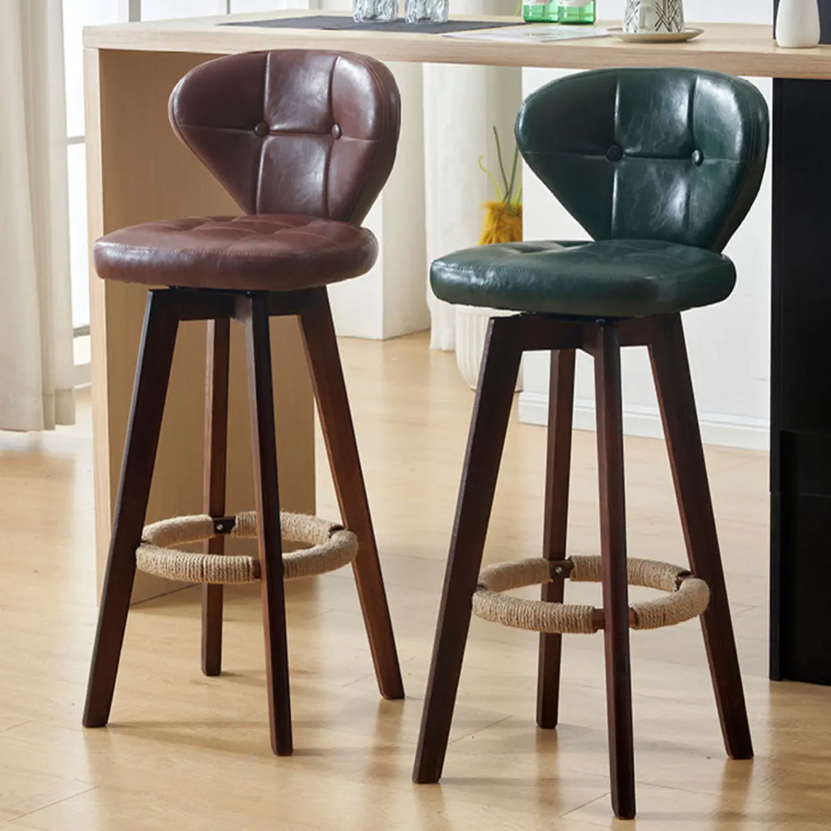 Mid-Century Modern Leather Bar Stool with Wooden Legs Image - 4