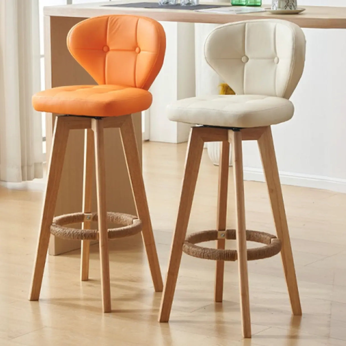 Mid-Century Modern Leather Bar Stool with Wooden Legs Image - 5