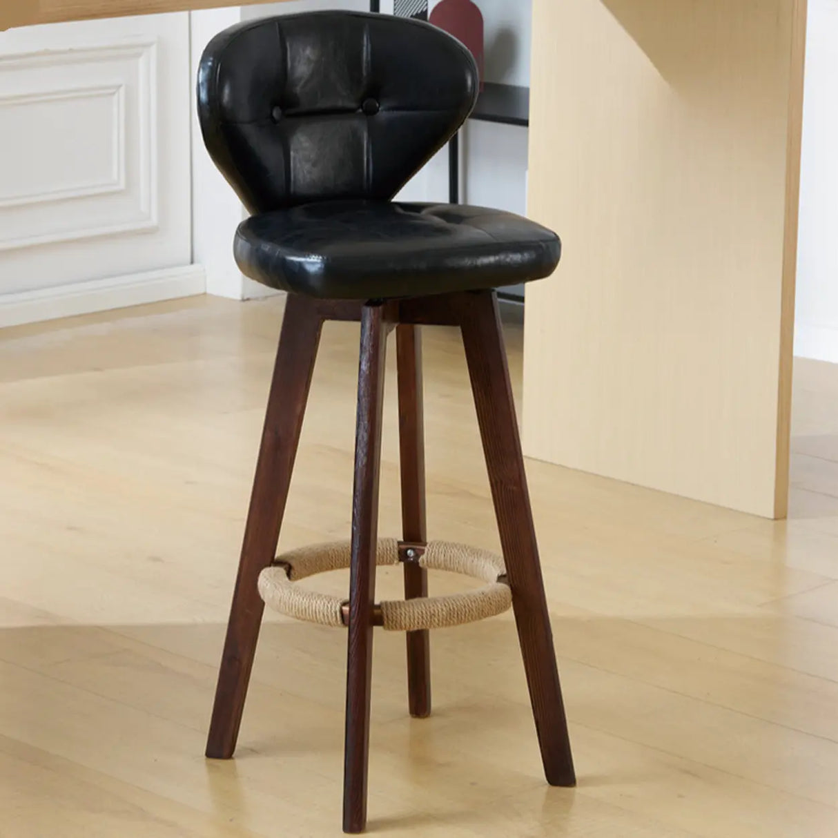 Mid-Century Modern Leather Bar Stool with Wooden Legs Image - 6