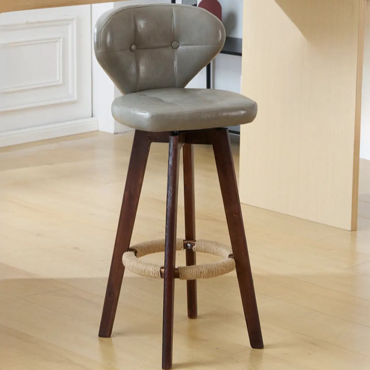 Mid-Century Modern Leather Bar Stool with Wooden Legs Image - 8