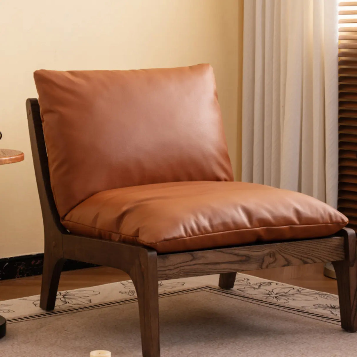 Mid-Century Modern Leather Brown Cushion Back Accent Chair Image - 1