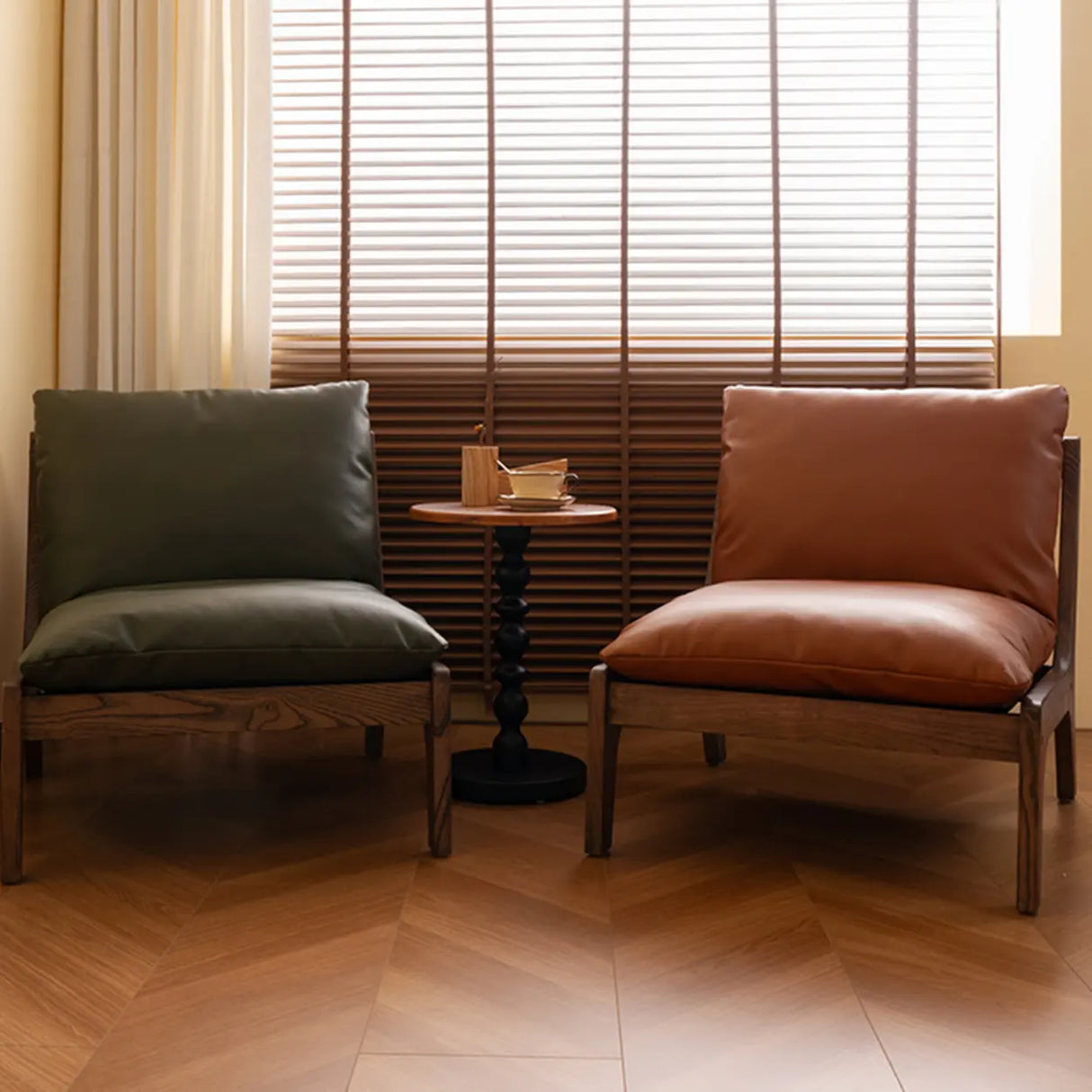 Mid-Century Modern Leather Brown Cushion Back Accent Chair Image - 4