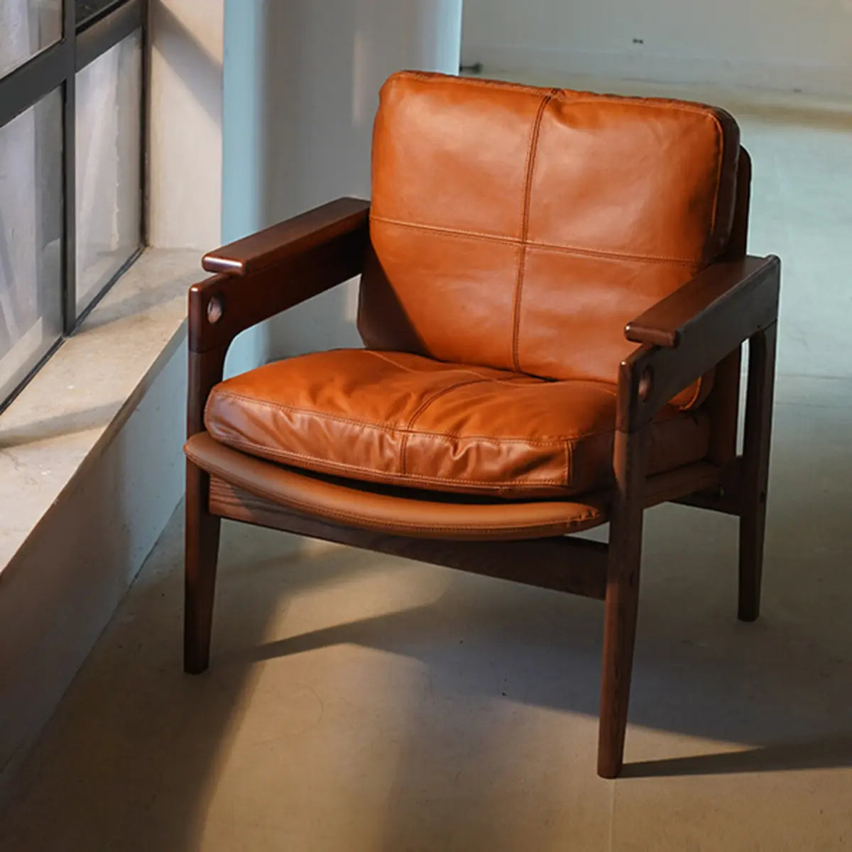 Mid-Century Modern Leather Wood Four Legs Arm Chair Image - 1