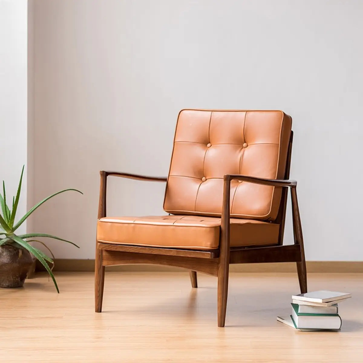 Mid-Century Modern Leather Wood Four Legs Arm Chair Image - 12
