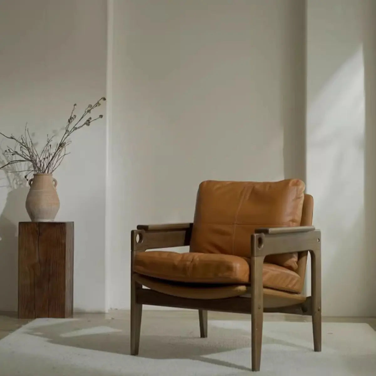 Mid-Century Modern Leather Wood Four Legs Arm Chair Image - 4