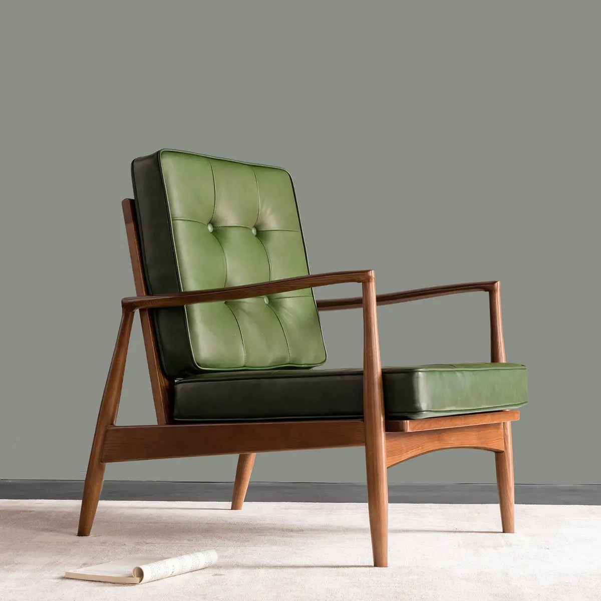 Mid-Century Modern Leather Wood Four Legs Arm Chair Image - 5