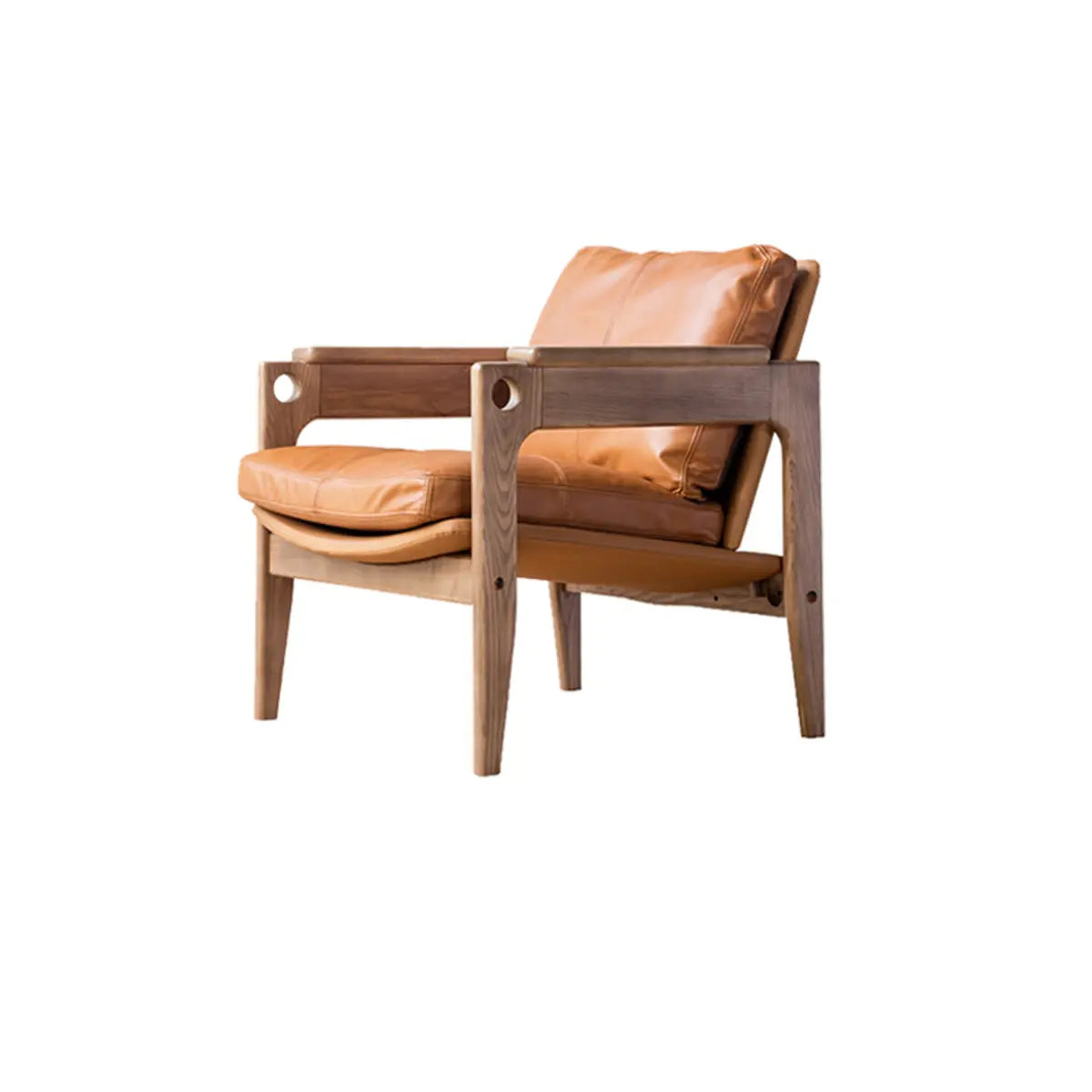 Mid-Century Modern Leather Wood Four Legs Arm Chair Image - 7