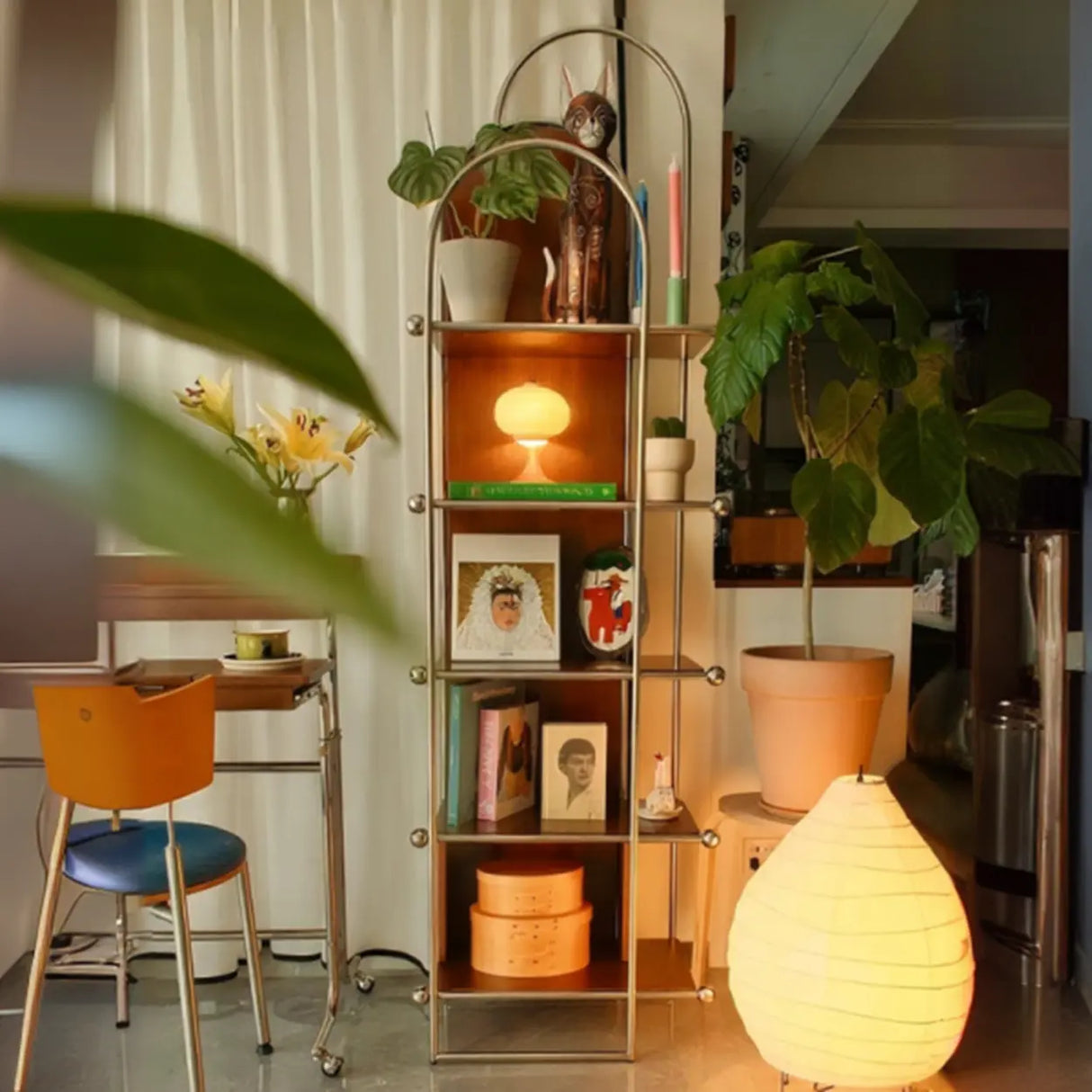 Mid-Century Modern Narrow Corner Stainless Steel Bookshelf Image - 1