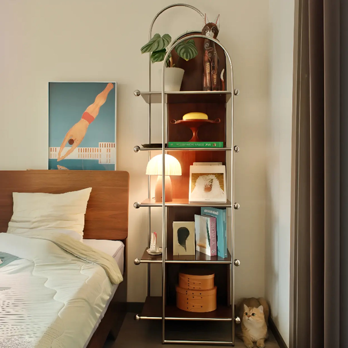 Mid-Century Modern Narrow Corner Stainless Steel Bookshelf Image - 4