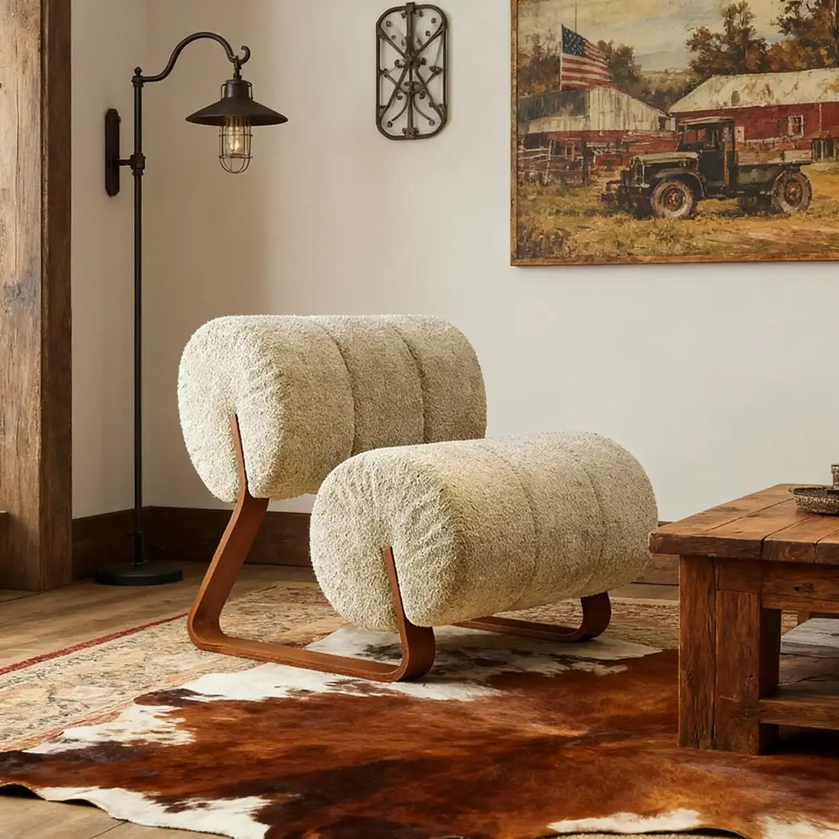 Mid-Century Modern Off-White Sherpa Unique Armless Accent Chair Image - 2