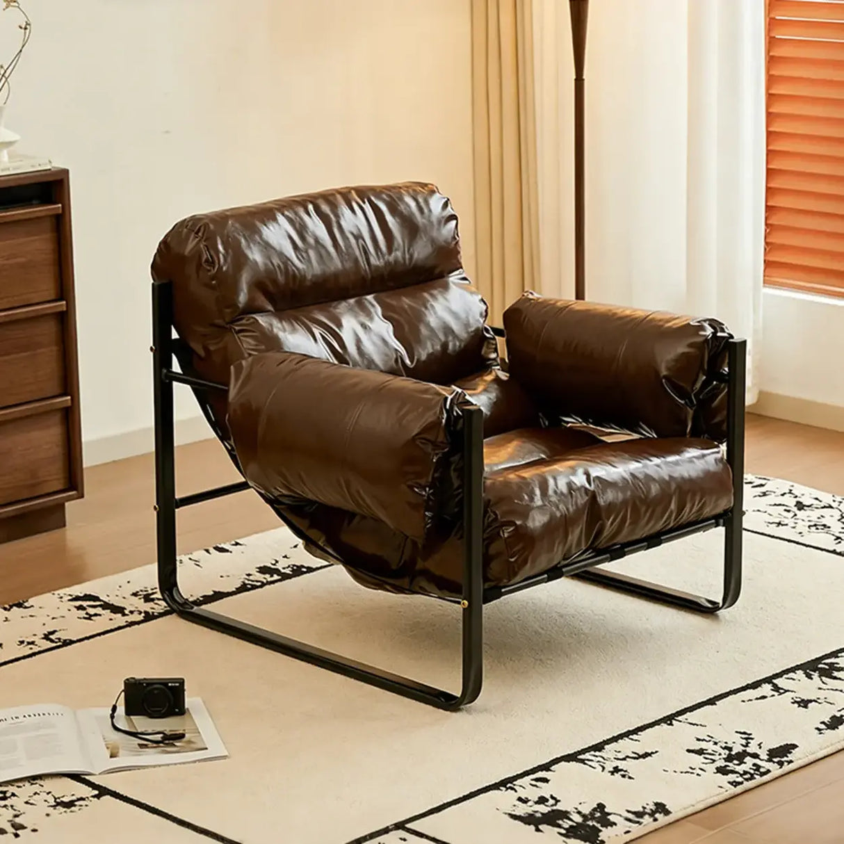 Mid-Century Modern Oil Wax Leather Cushion Back Accent Chair Image - 8