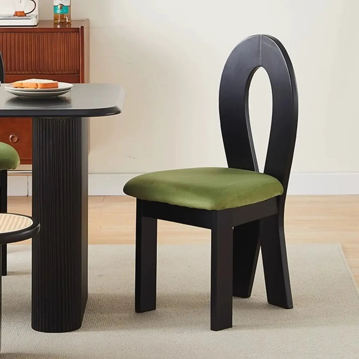 Mid-Century Modern Open Curved-Back Green Cushion Dining Chair Image - 1