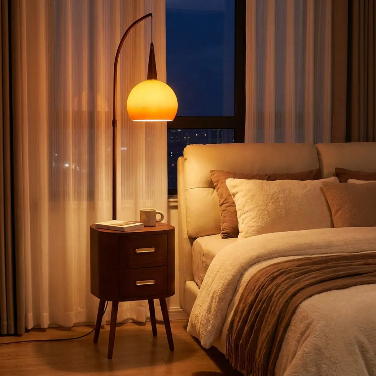 Mid-Century Modern Orange Floor Lamp with Table Drawers Image - 2