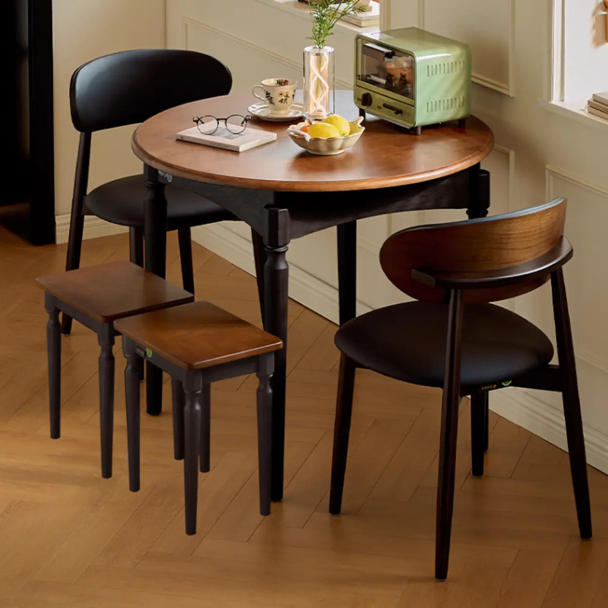 Mid-Century Modern Oval Brown Small Round Extendable Dining Table Image - 1