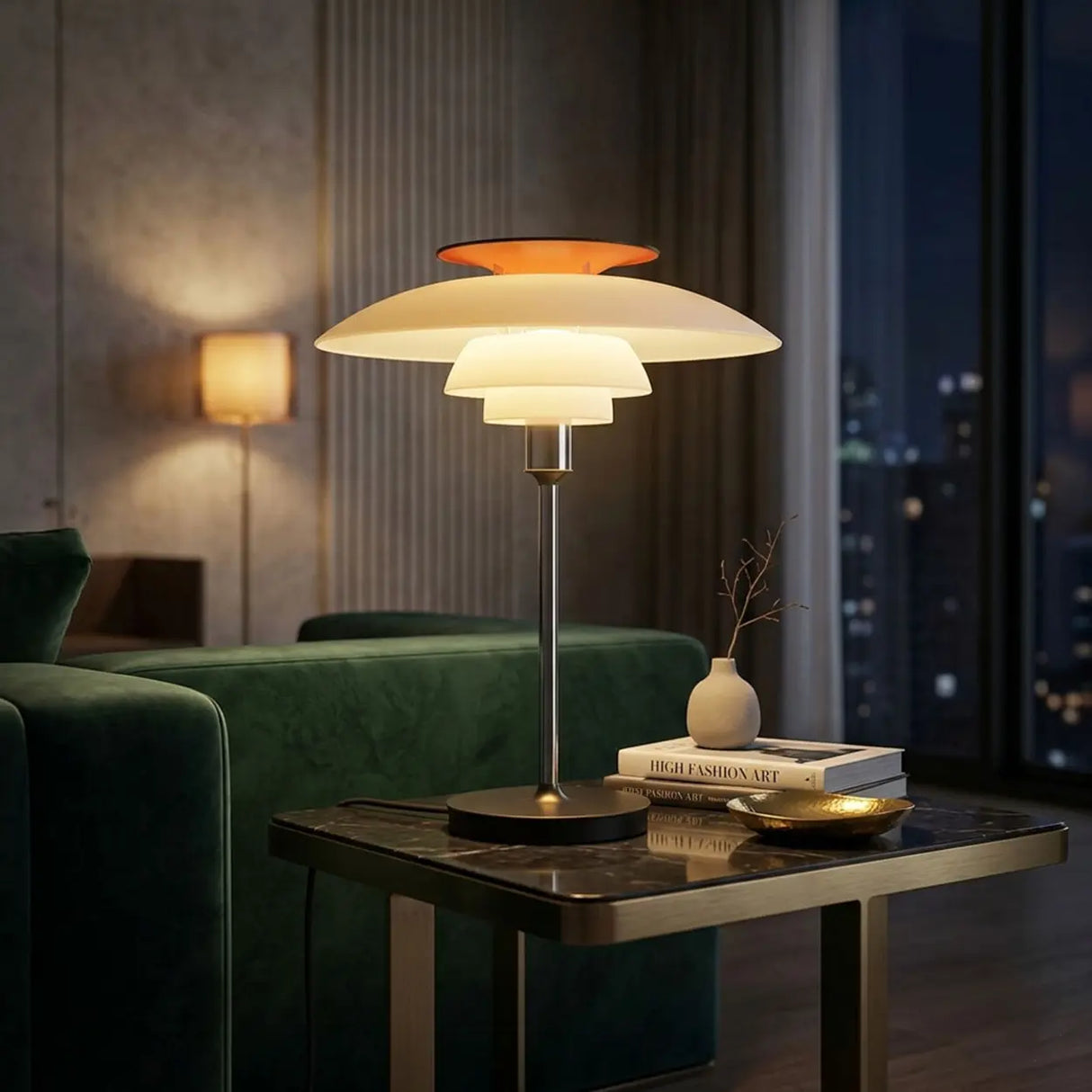 Mid-Century Modern Press-Button Glass Tiered LED Table Lamp Image - 2