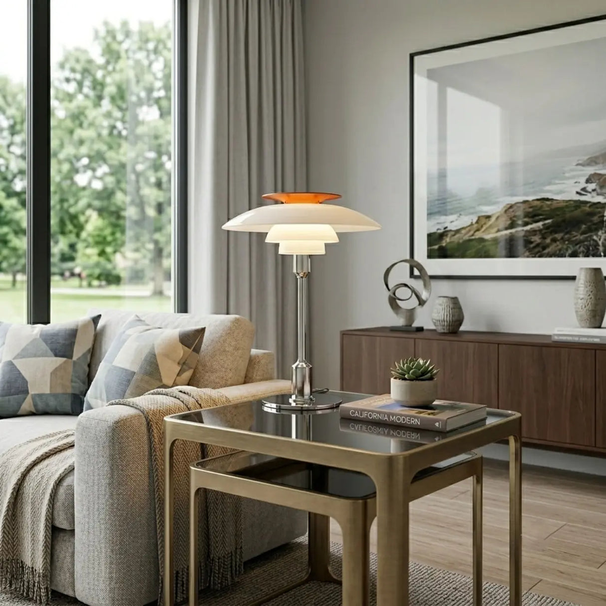Mid-Century Modern Press-Button Glass Tiered LED Table Lamp Image - 7