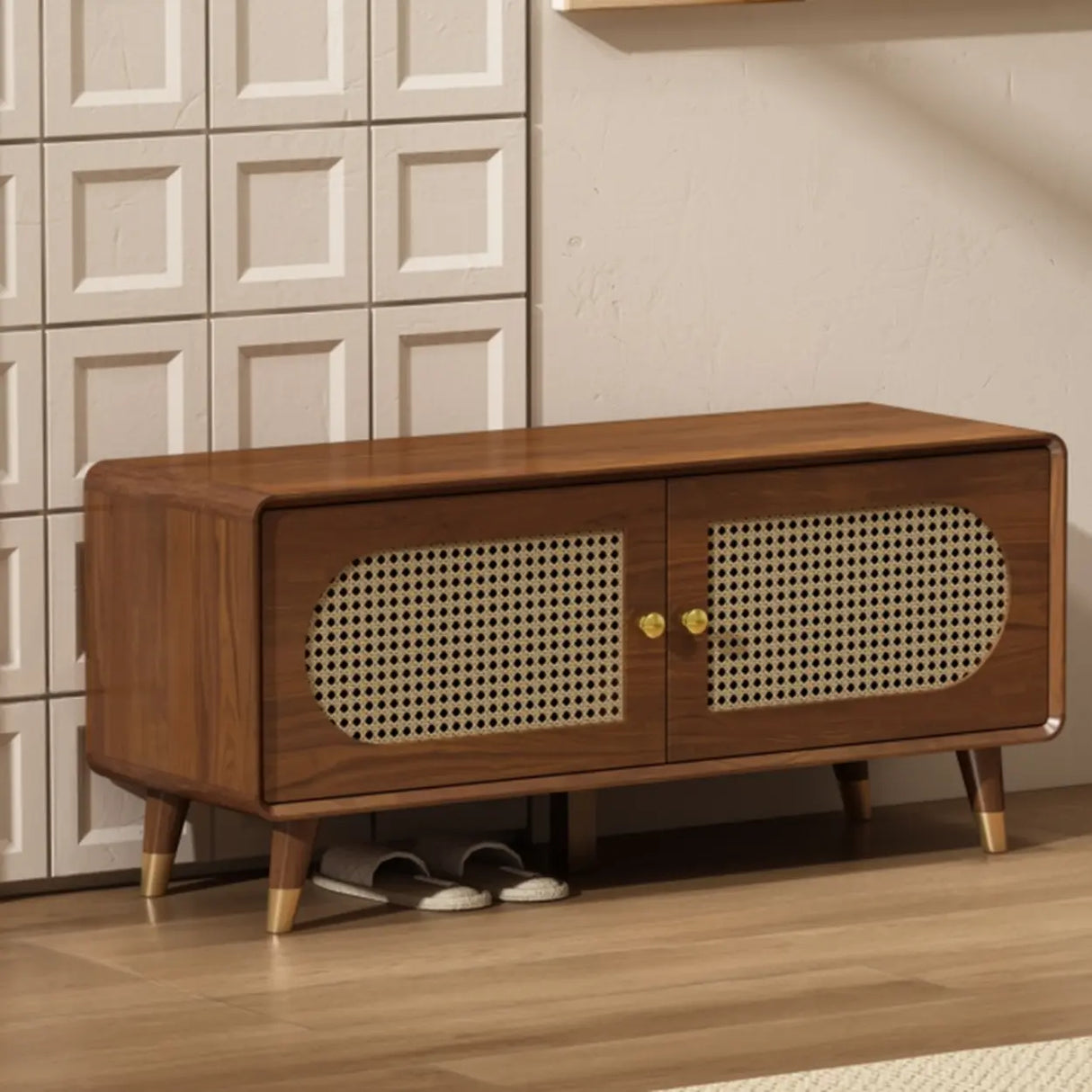 Mid-Century Modern Rattan and Wood Storage Cabinet Image - 5