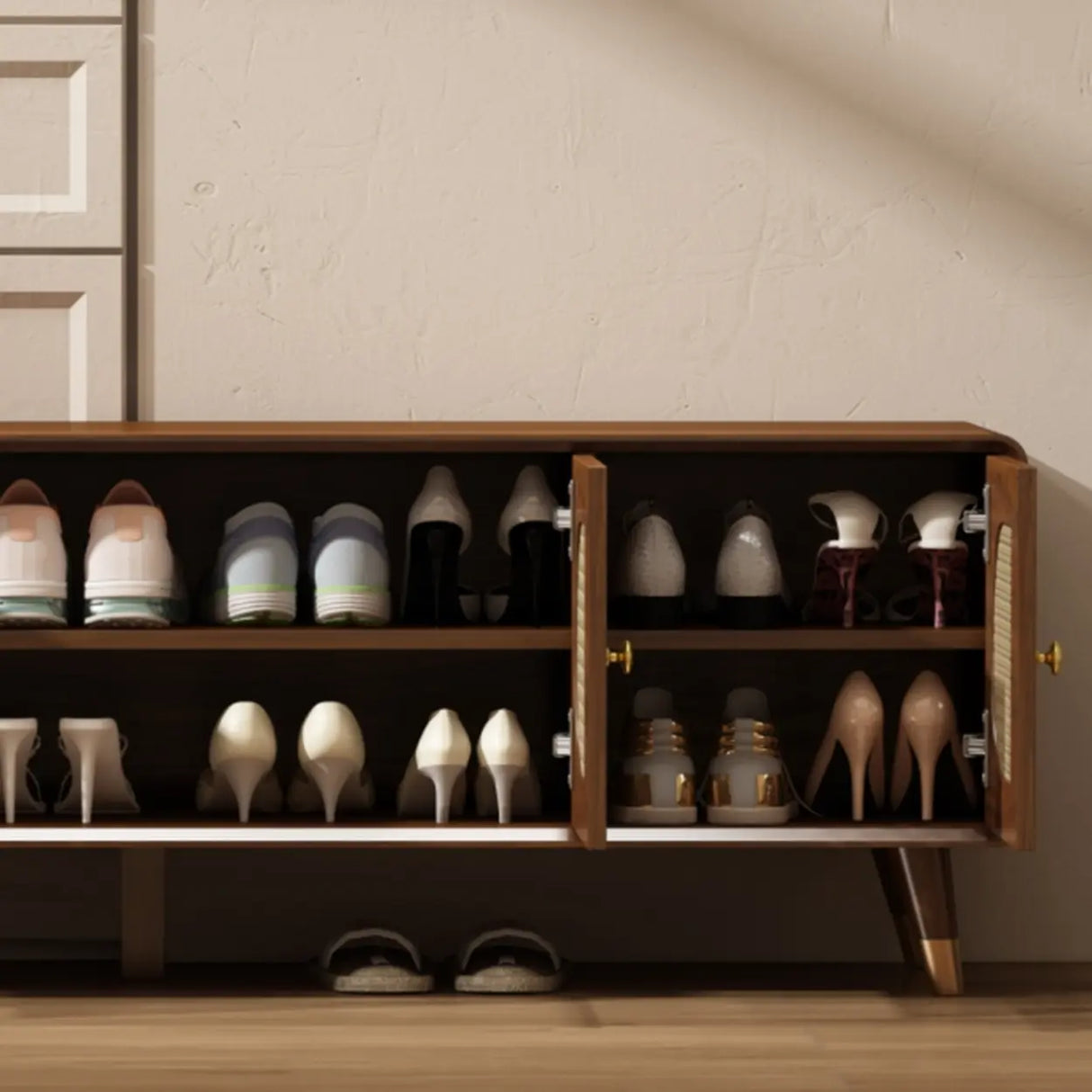 Mid-Century Modern Rattan and Wood Storage Cabinet Image - 6