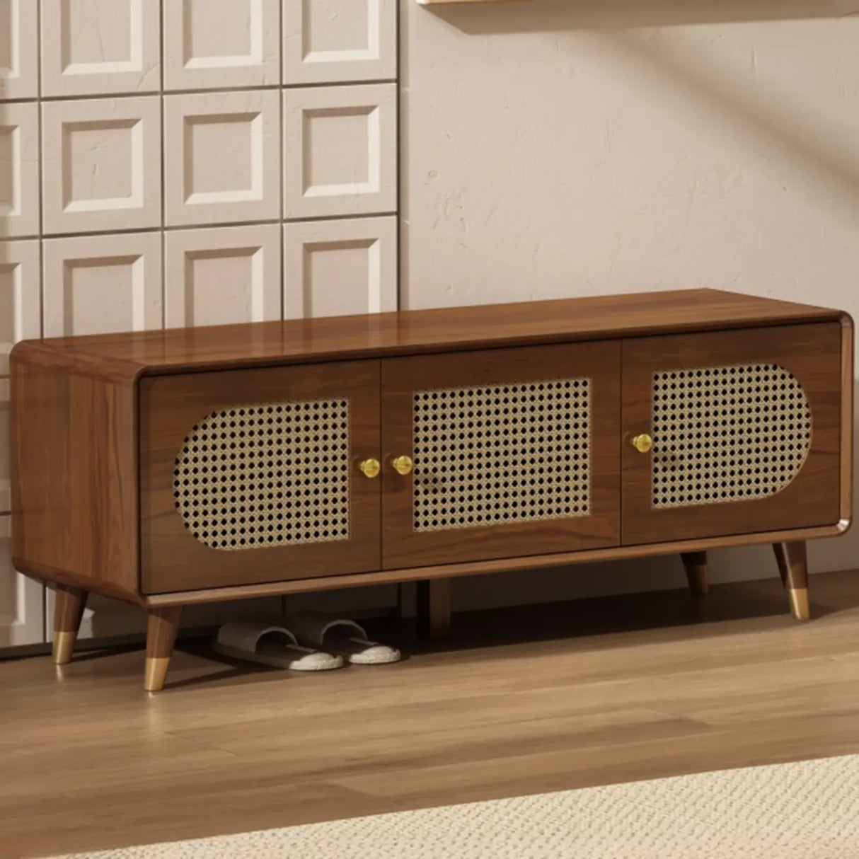 Mid-Century Modern Rattan and Wood Storage Cabinet Image - 7