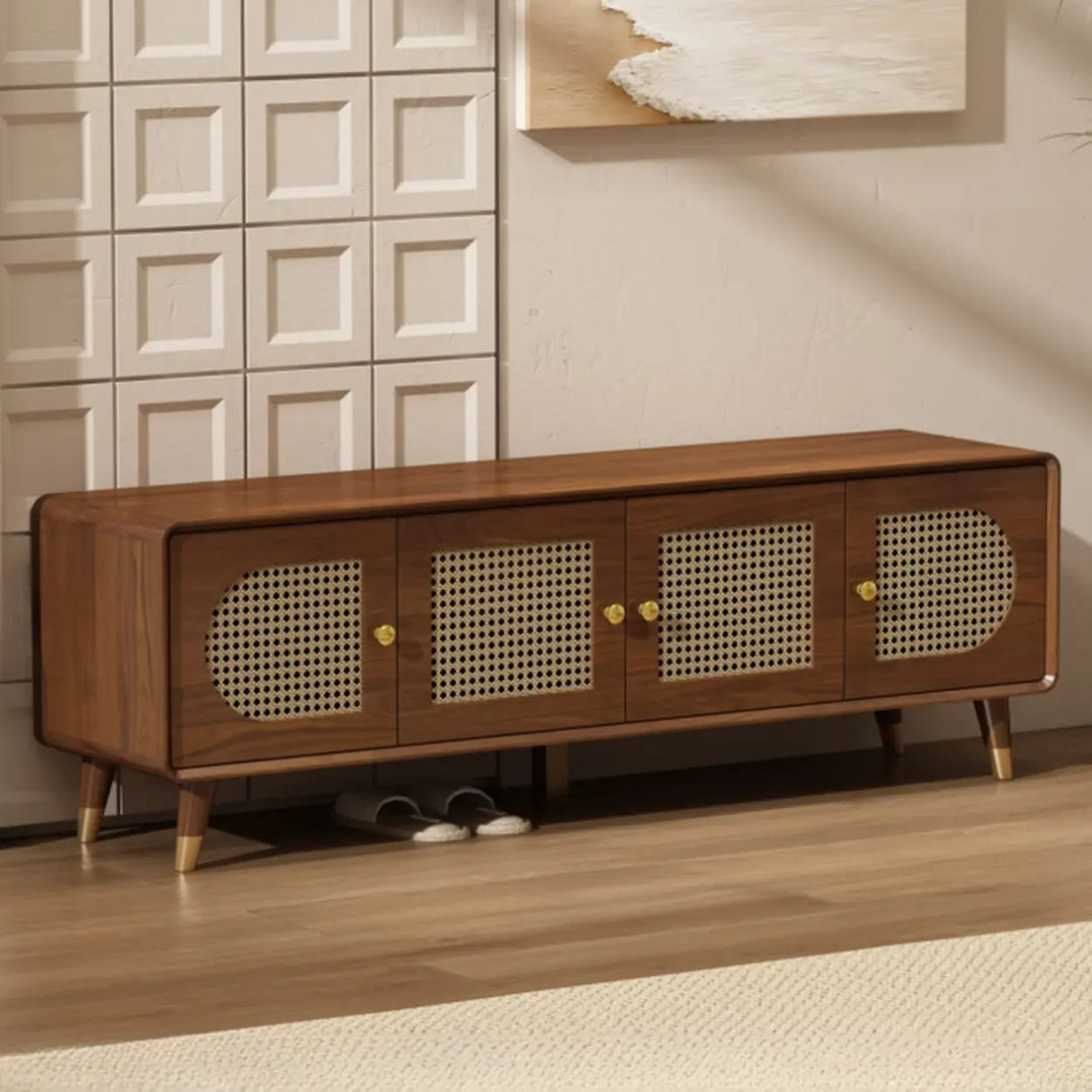 Mid-Century Modern Rattan and Wood Storage Cabinet Image - 9