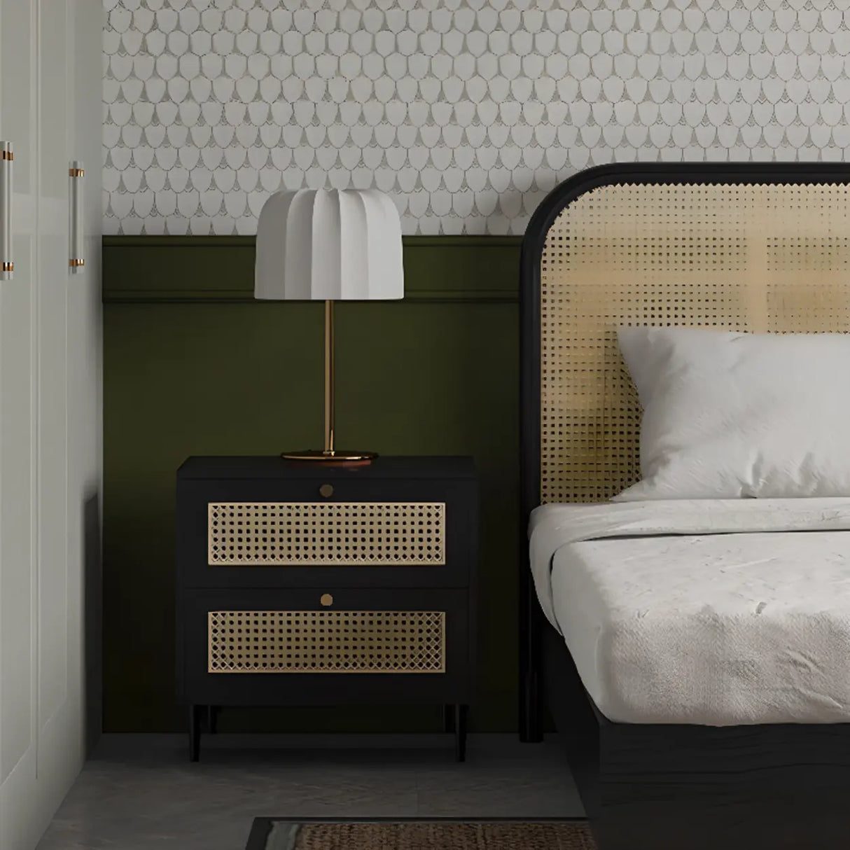 Mid-Century Modern Rattan Black Nightstand with 2 Drawers Image - 12