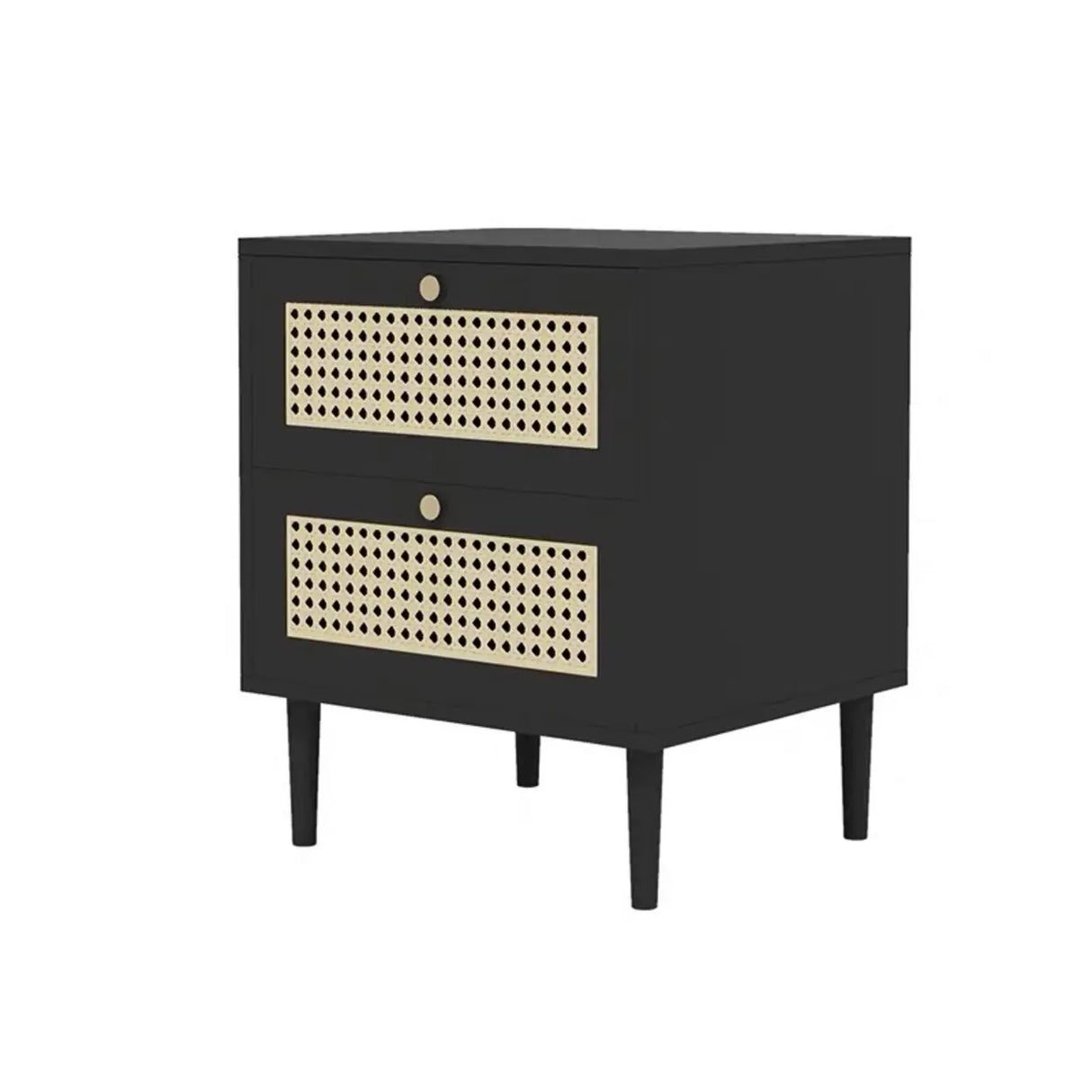 Mid-Century Modern Rattan Black Nightstand with 2 Drawers Image - 4