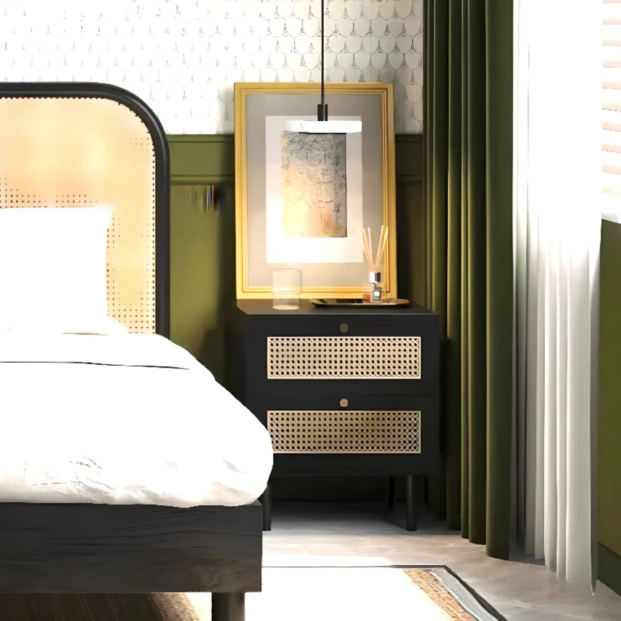 Mid-Century Modern Rattan Black Nightstand with 2 Drawers Image - 5