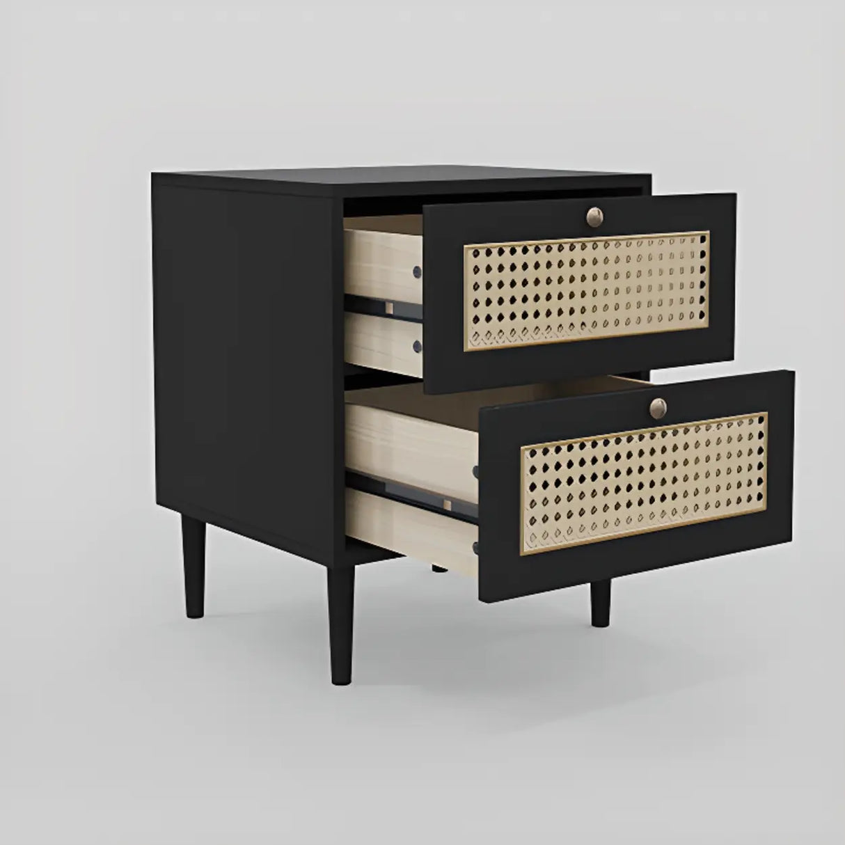 Mid-Century Modern Rattan Black Nightstand with 2 Drawers Image - 8