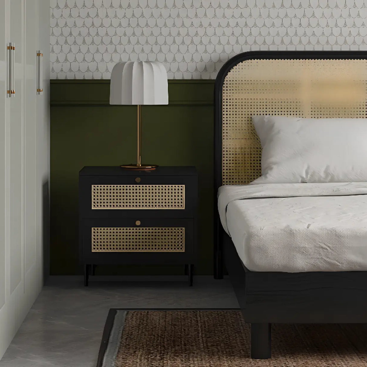 Mid-Century Modern Rattan Black Nightstand with 2 Drawers Image - 9