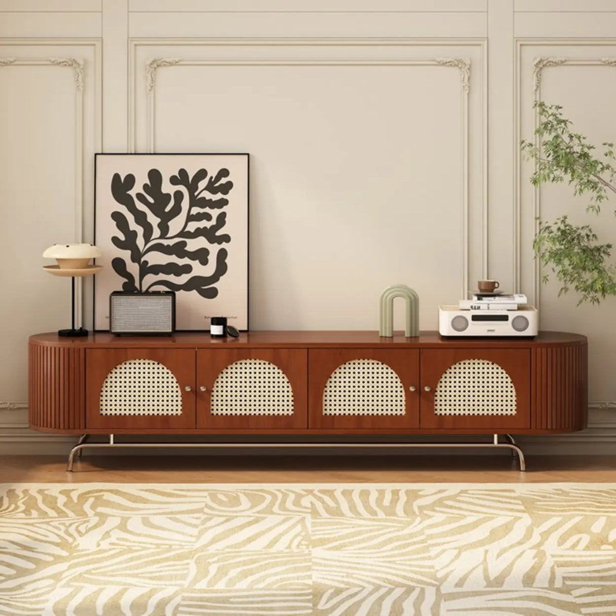 Mid-Century Modern Rattan TV Stand with Ample Storage Image - 1