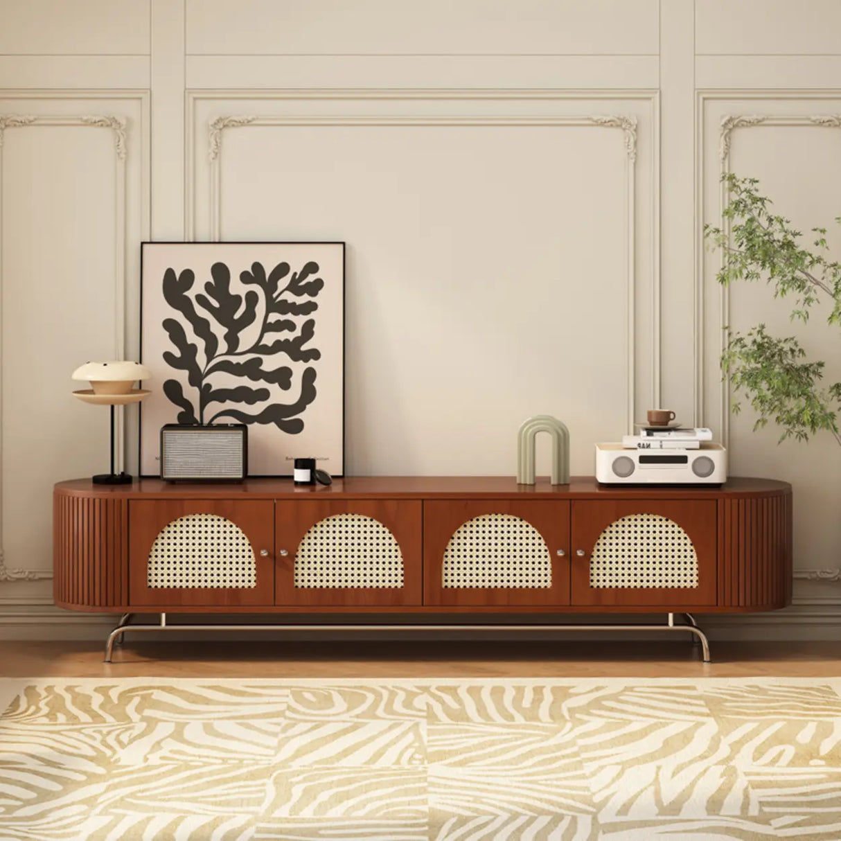 Mid-Century Modern Rattan TV Stand with Ample Storage Image - 2