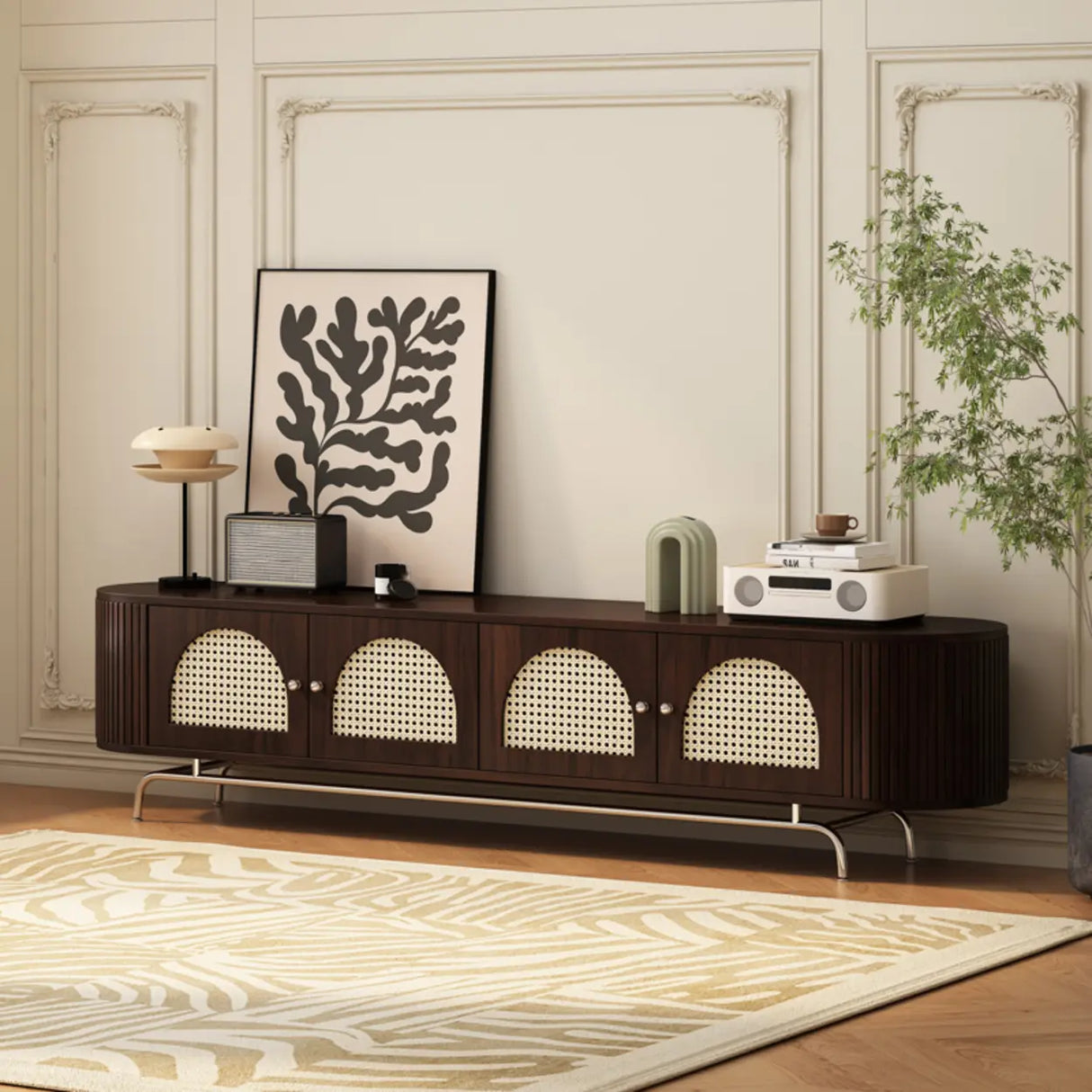 Mid-Century Modern Rattan TV Stand with Ample Storage Image - 3