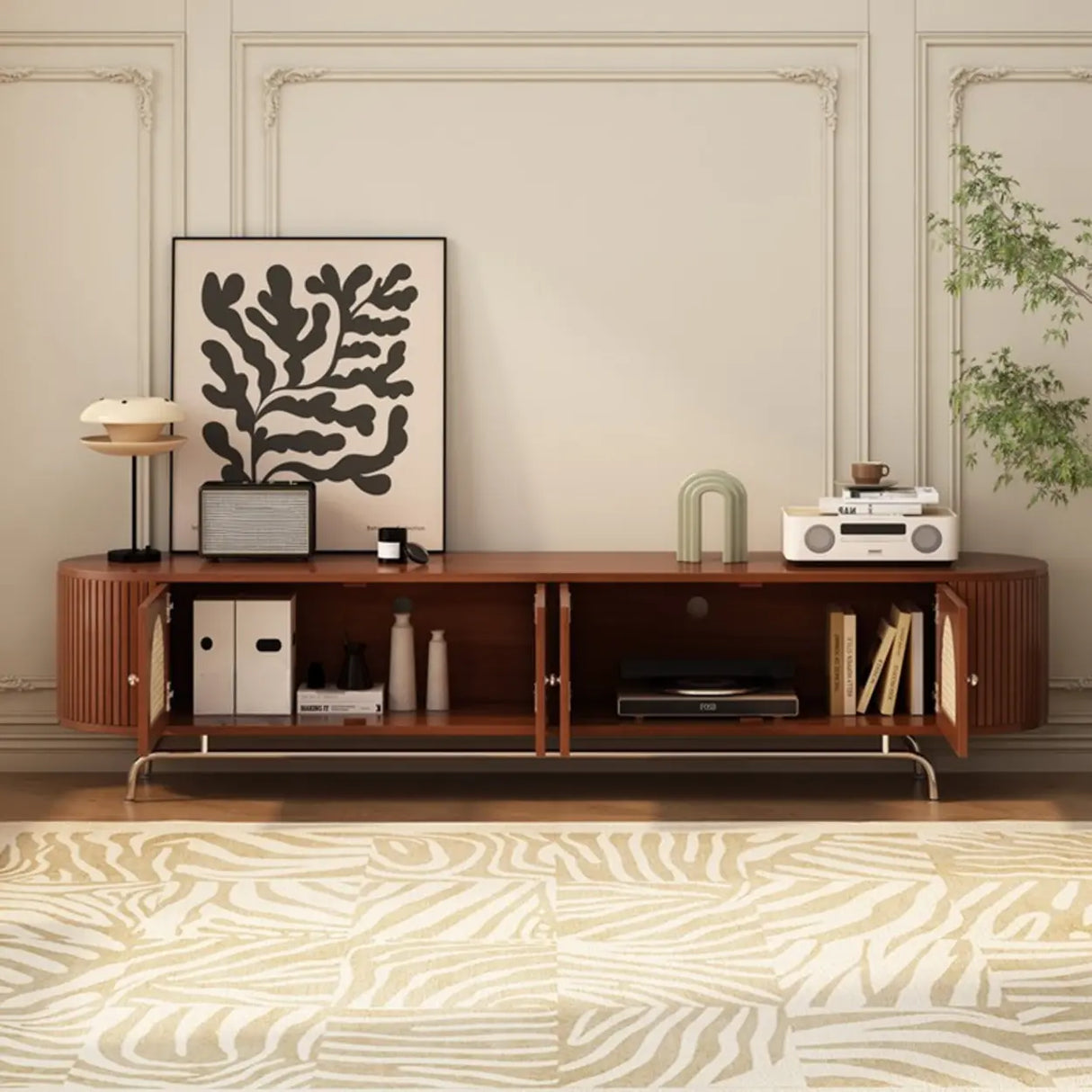 Mid-Century Modern Rattan TV Stand with Ample Storage Image - 4