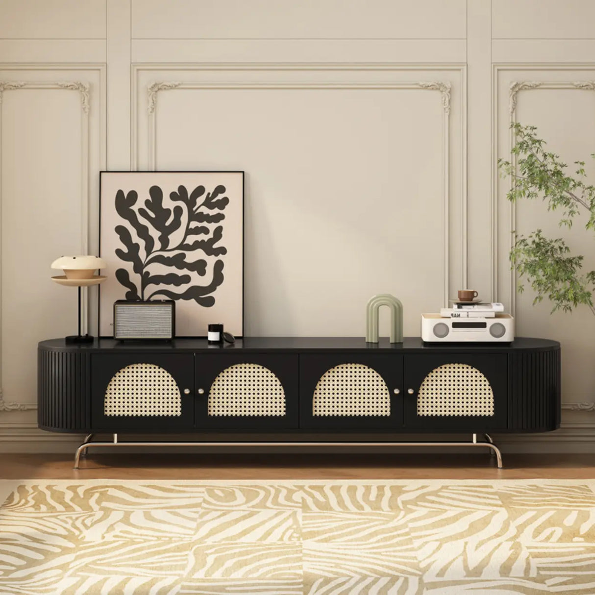 Mid-Century Modern Rattan TV Stand with Ample Storage Image - 5
