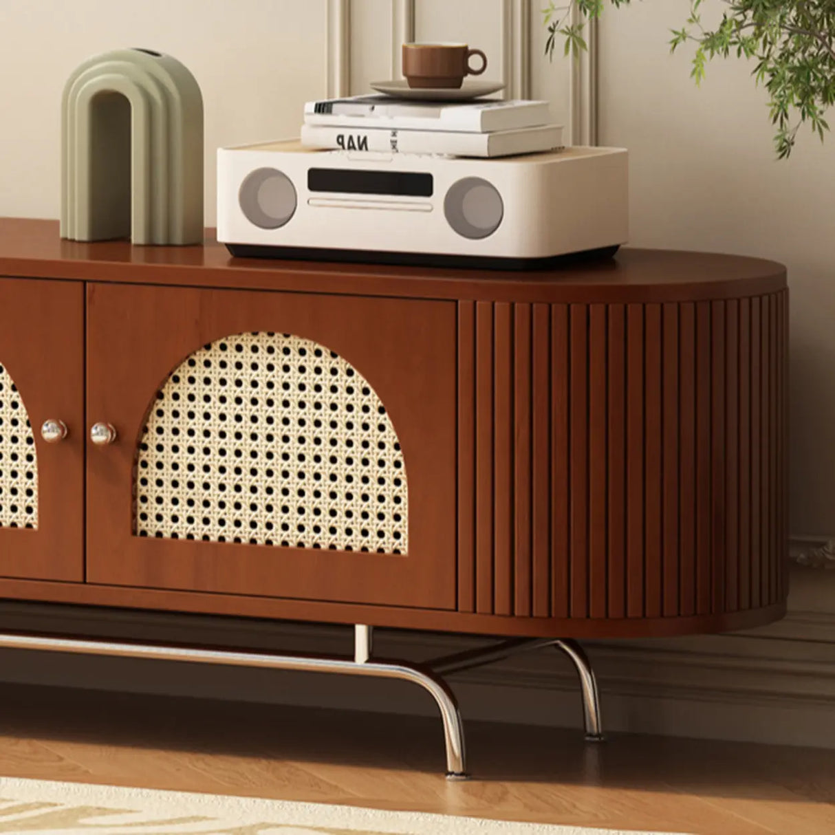 Mid-Century Modern Rattan TV Stand with Ample Storage Image - 8