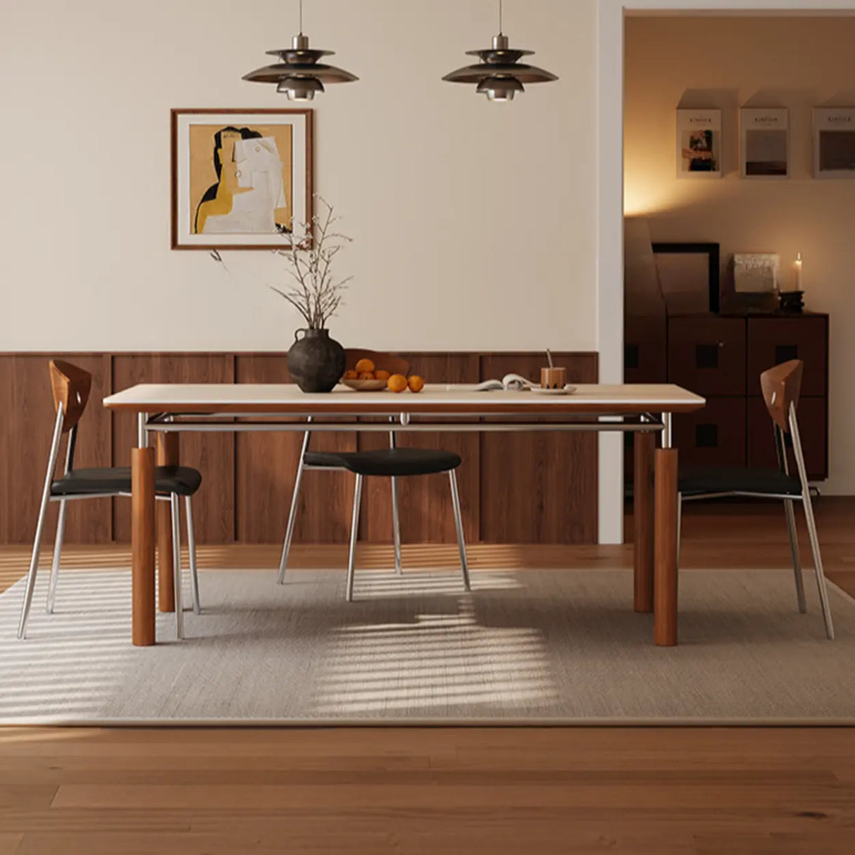 Mid-Century Modern Rectangular Beige Stone Dining Table Image - 3