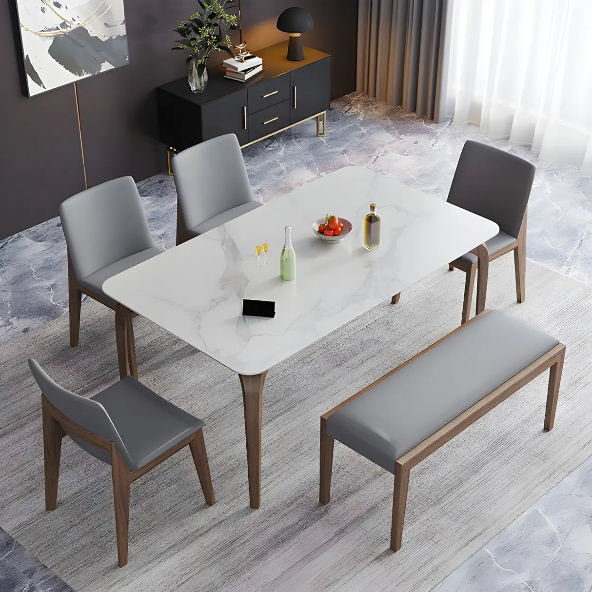 Mid-Century Modern Rectangular White Stone Dining Table Image - 1