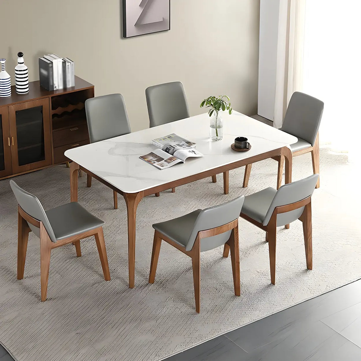 Mid-Century Modern Rectangular White Stone Dining Table Image - 2