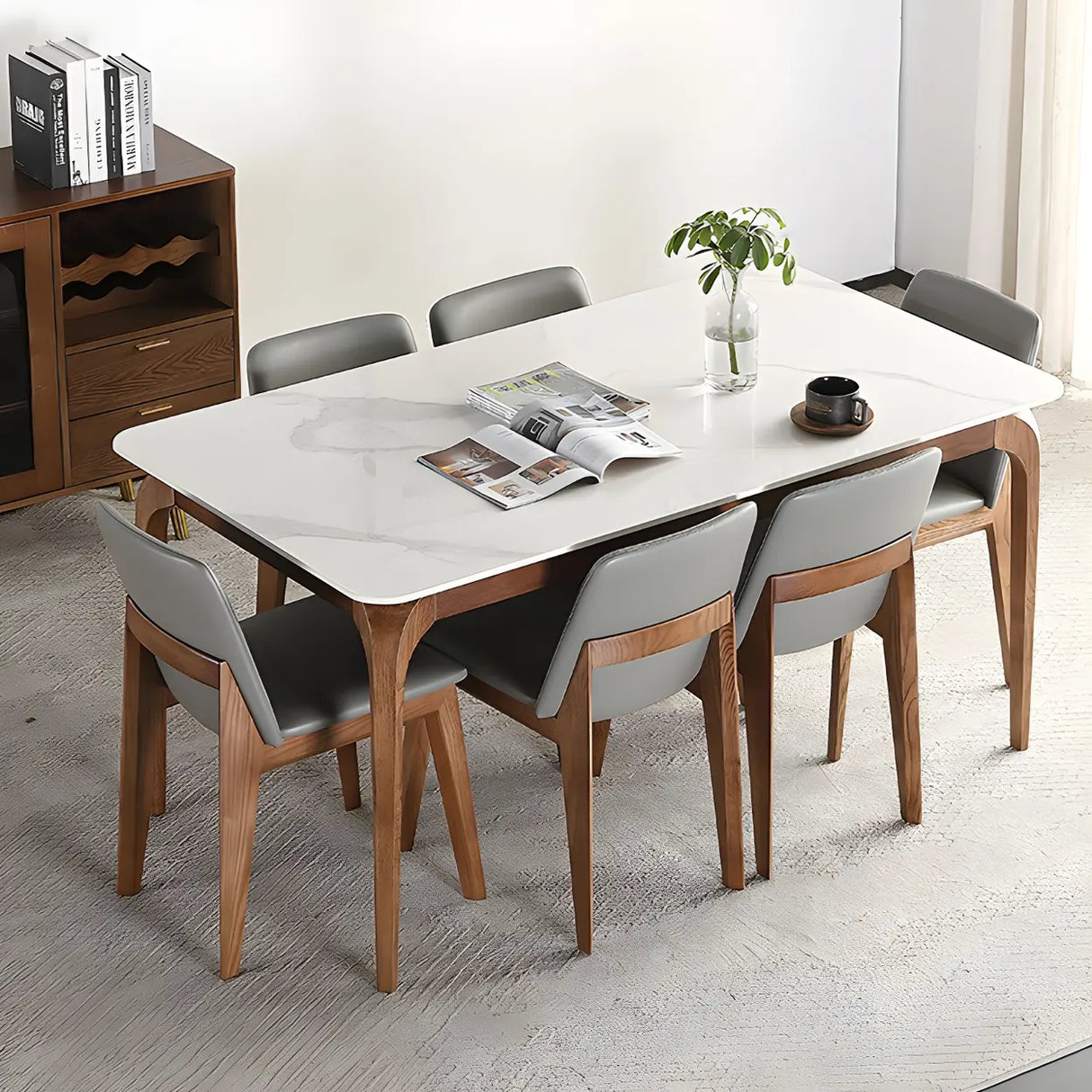 Mid-Century Modern Rectangular White Stone Dining Table Image - 9