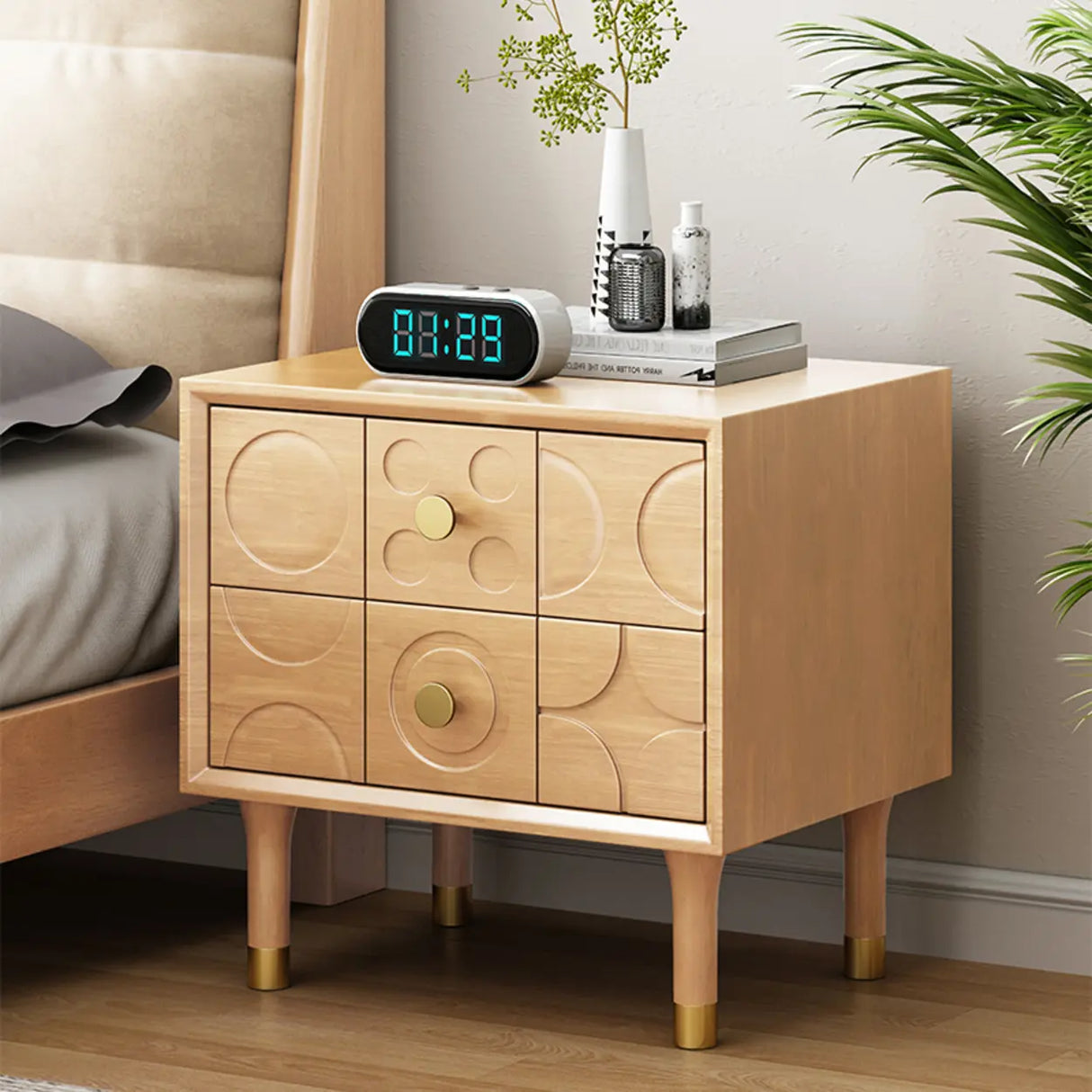 Mid-Century Modern Rectangular Wood Nightstand with Drawers Image - 3