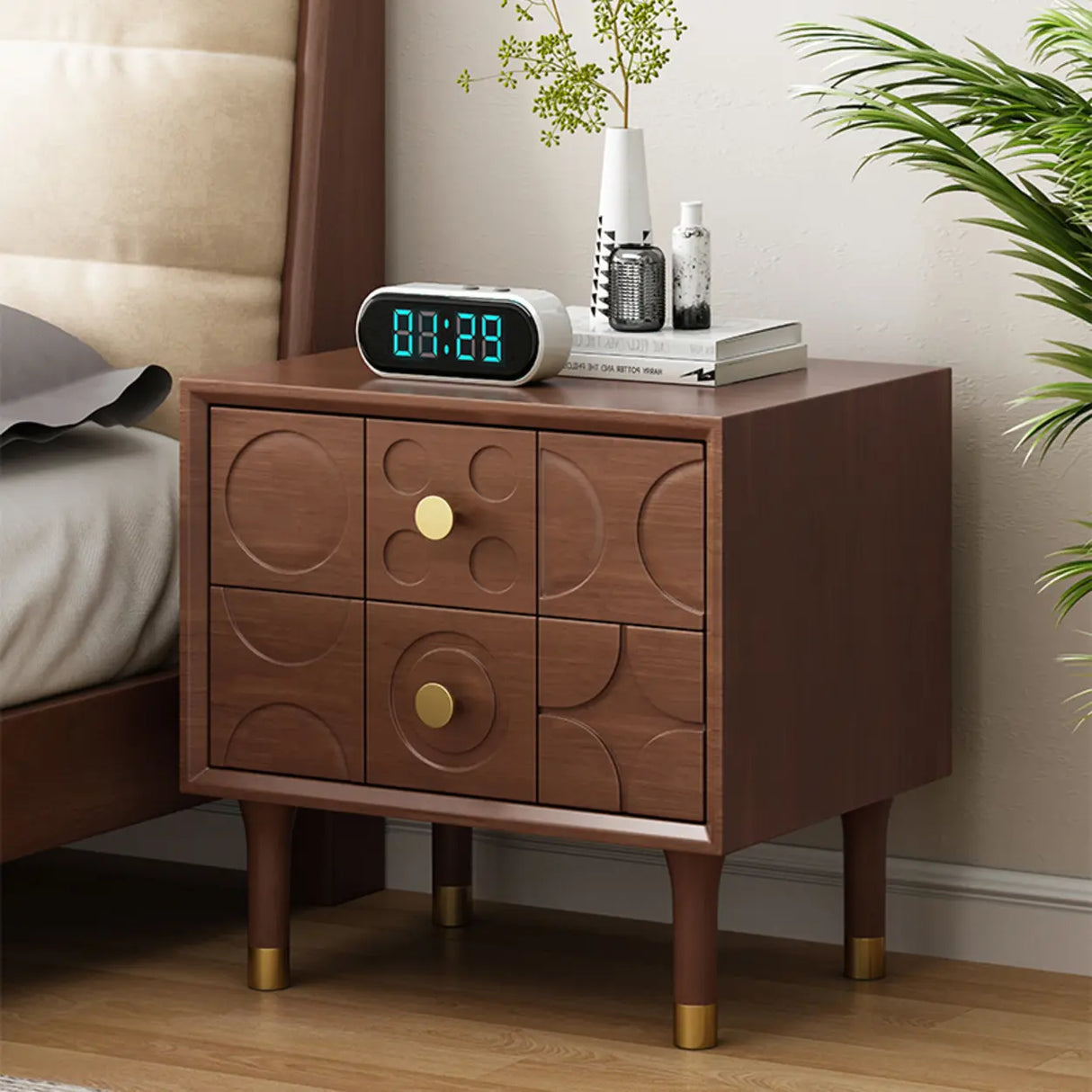 Mid-Century Modern Rectangular Wood Nightstand with Drawers Image - 7