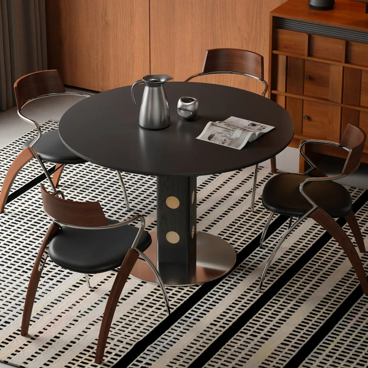 Mid-Century Modern Round Black Wood Pedestal Dining Table Image - 4