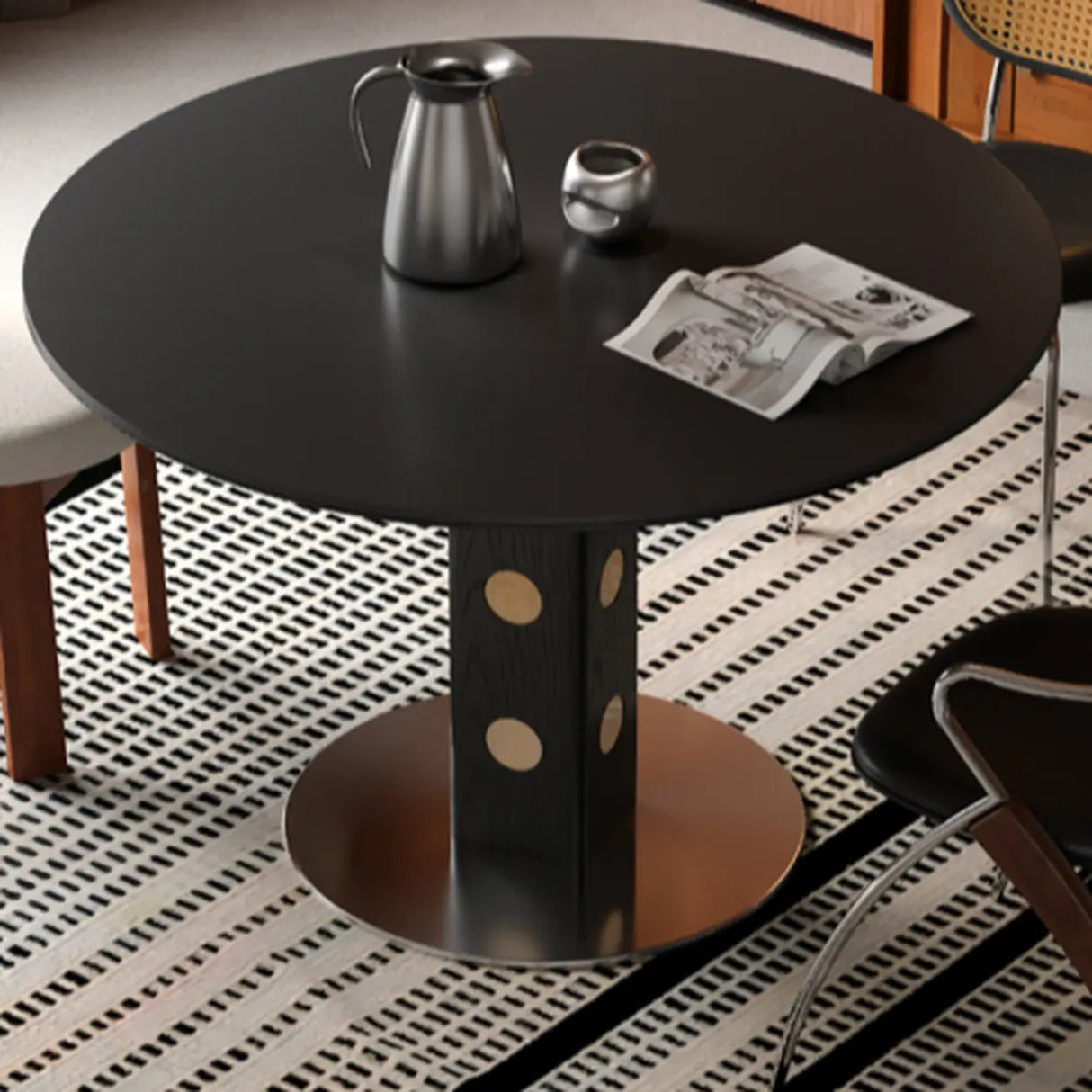 Mid-Century Modern Round Black Wood Pedestal Dining Table Image - 6