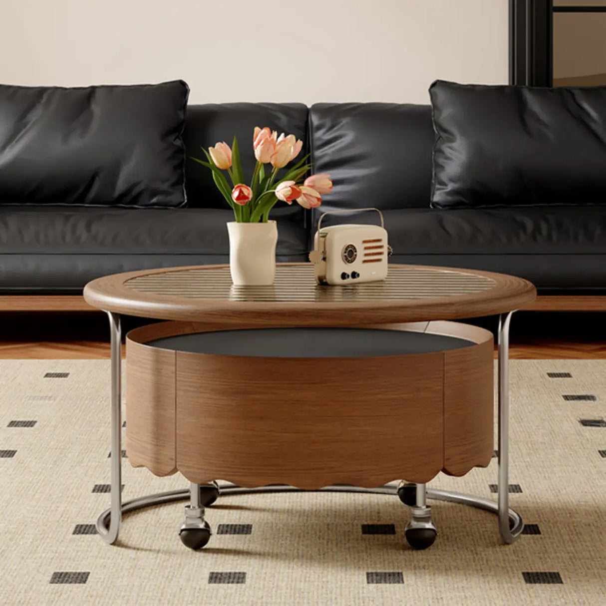 Mid-Century Modern Round Coffee Table with Drawer & Wheel Image - 4